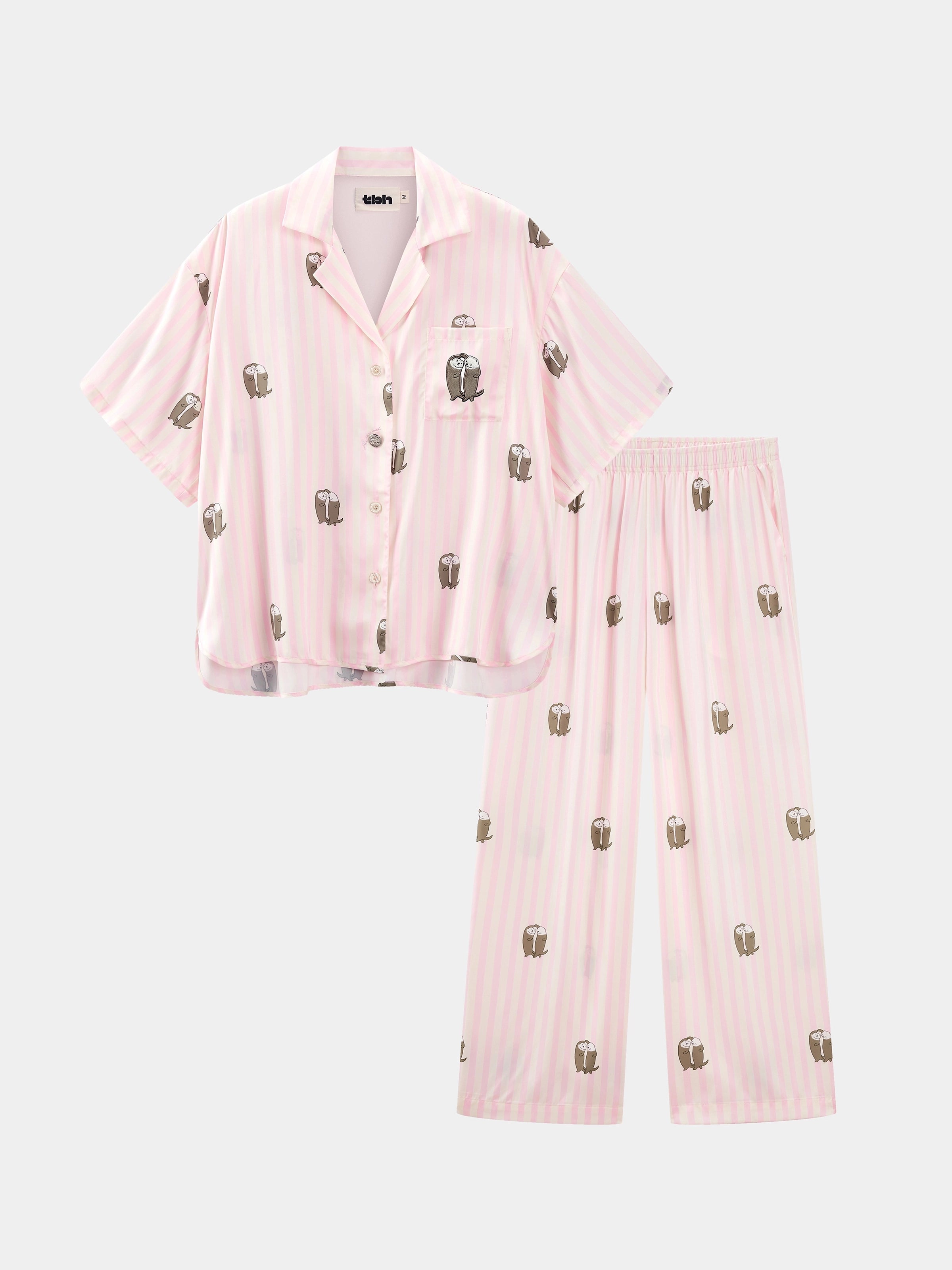 "Urban Jungle" Satin Loungewear Set Short Sleeve & Pants – Pink and White Stripes