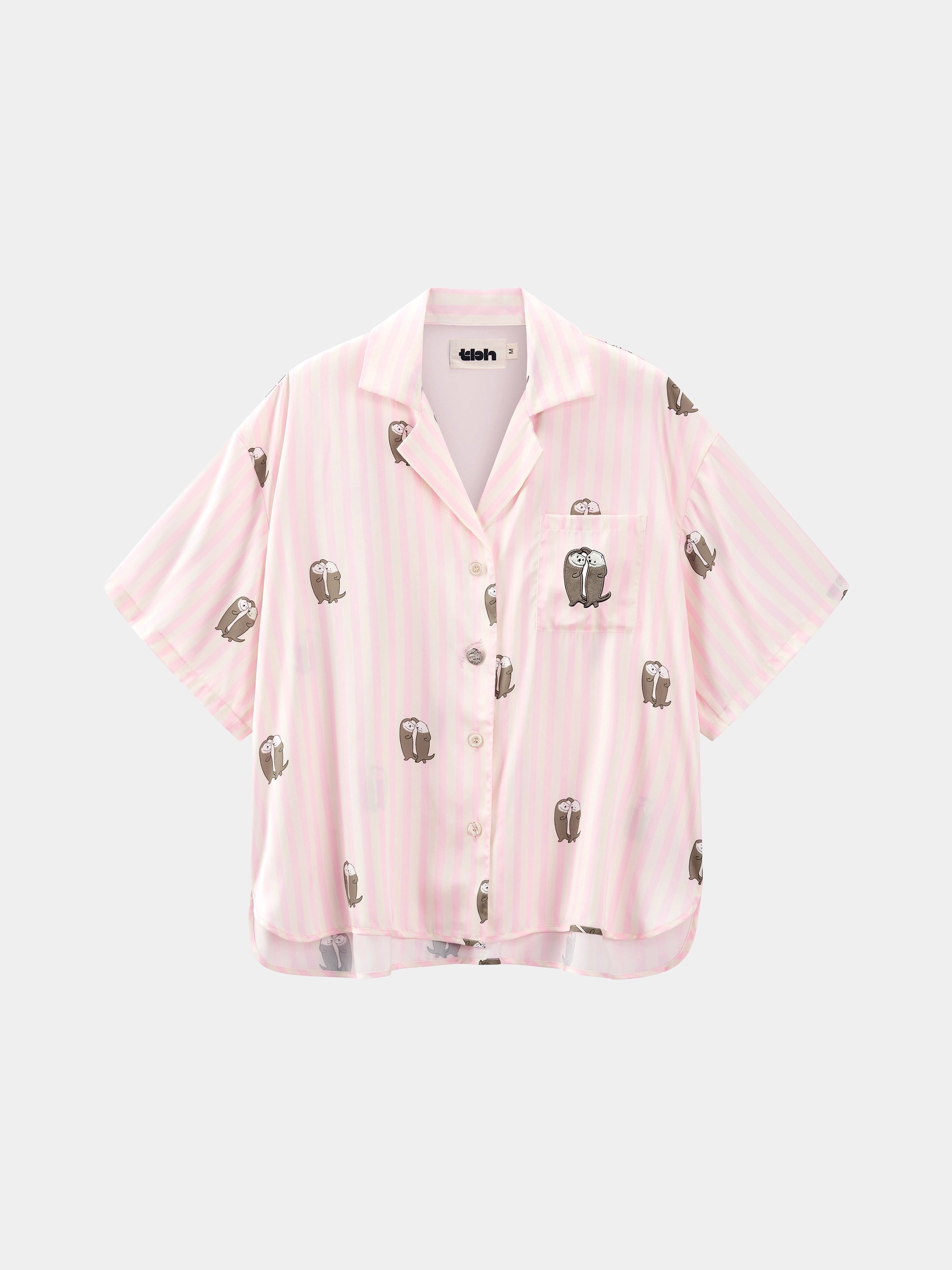 "Urban Jungle" Satin Loungewear Set Short Sleeve & Pants – Pink and White Stripes