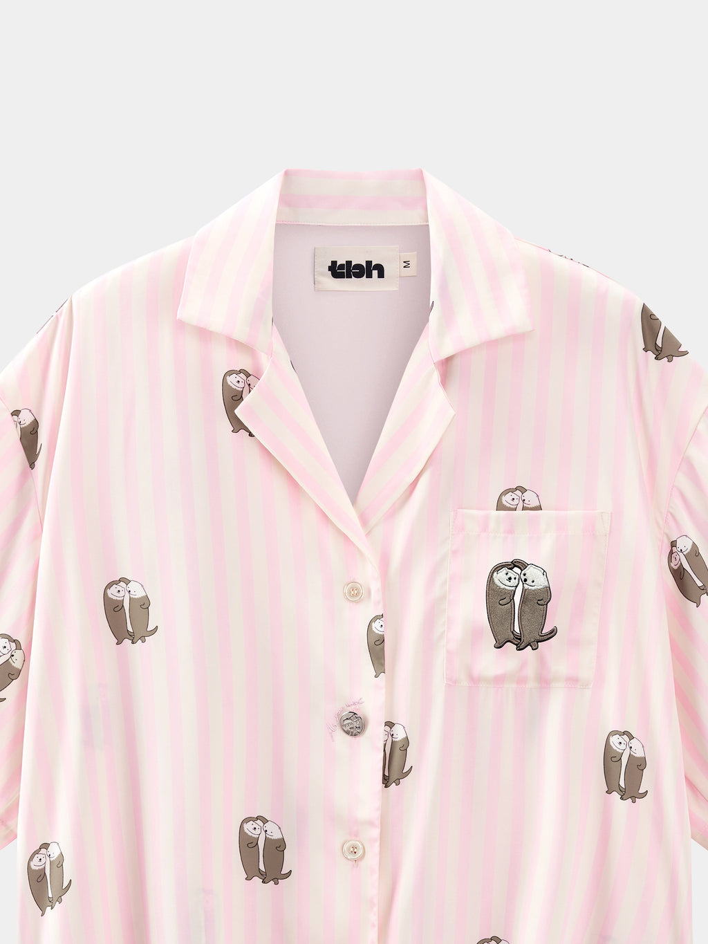 "Urban Jungle" Satin Loungewear Set Short Sleeve & Pants – Pink and White Stripes