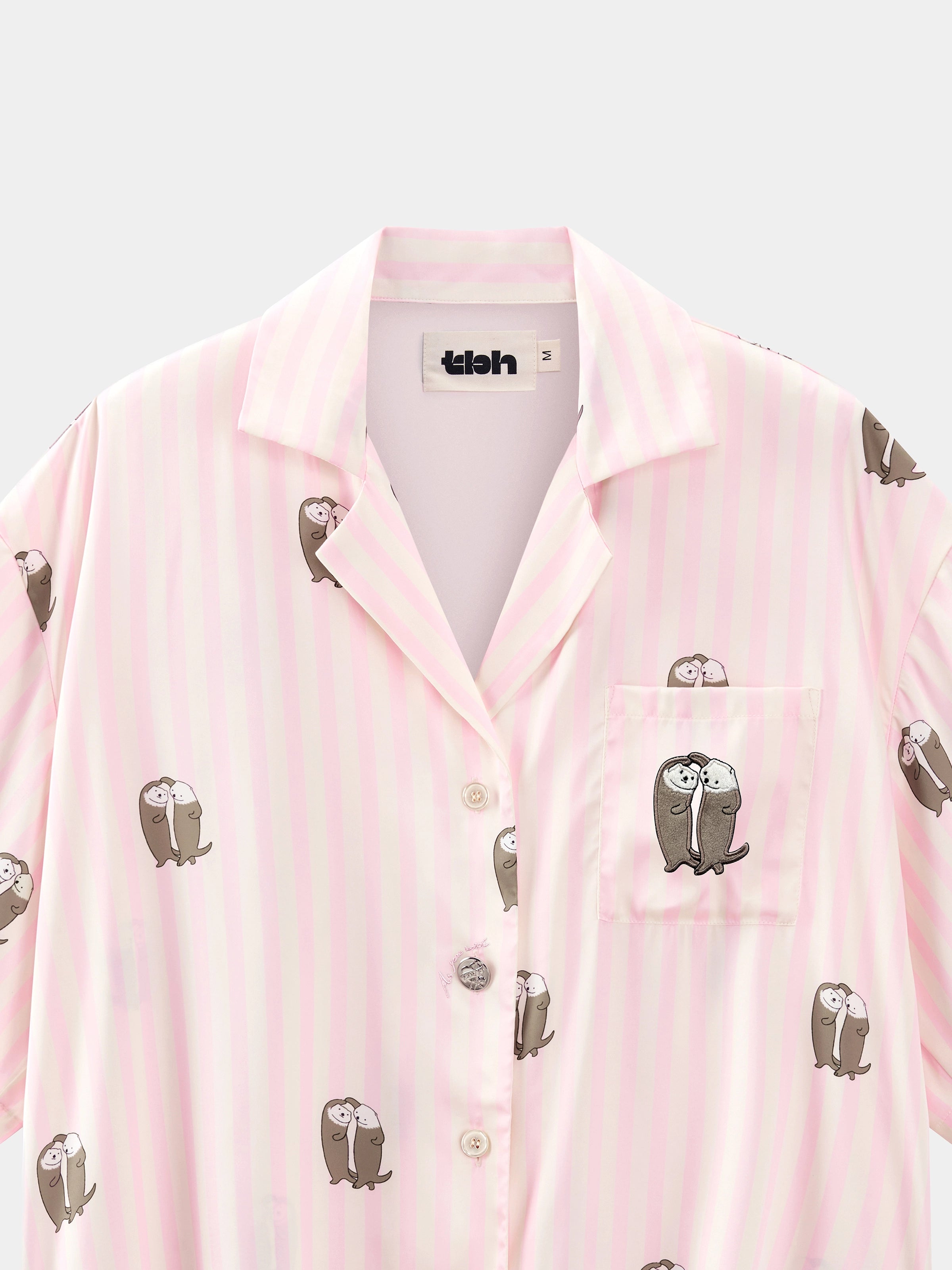"Urban Jungle" Satin Loungewear Set Short Sleeve & Pants – Pink and White Stripes