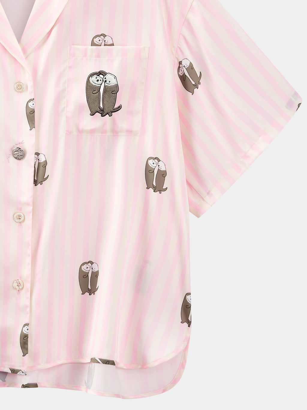 "Urban Jungle" Satin Loungewear Set Short Sleeve & Pants – Pink and White Stripes