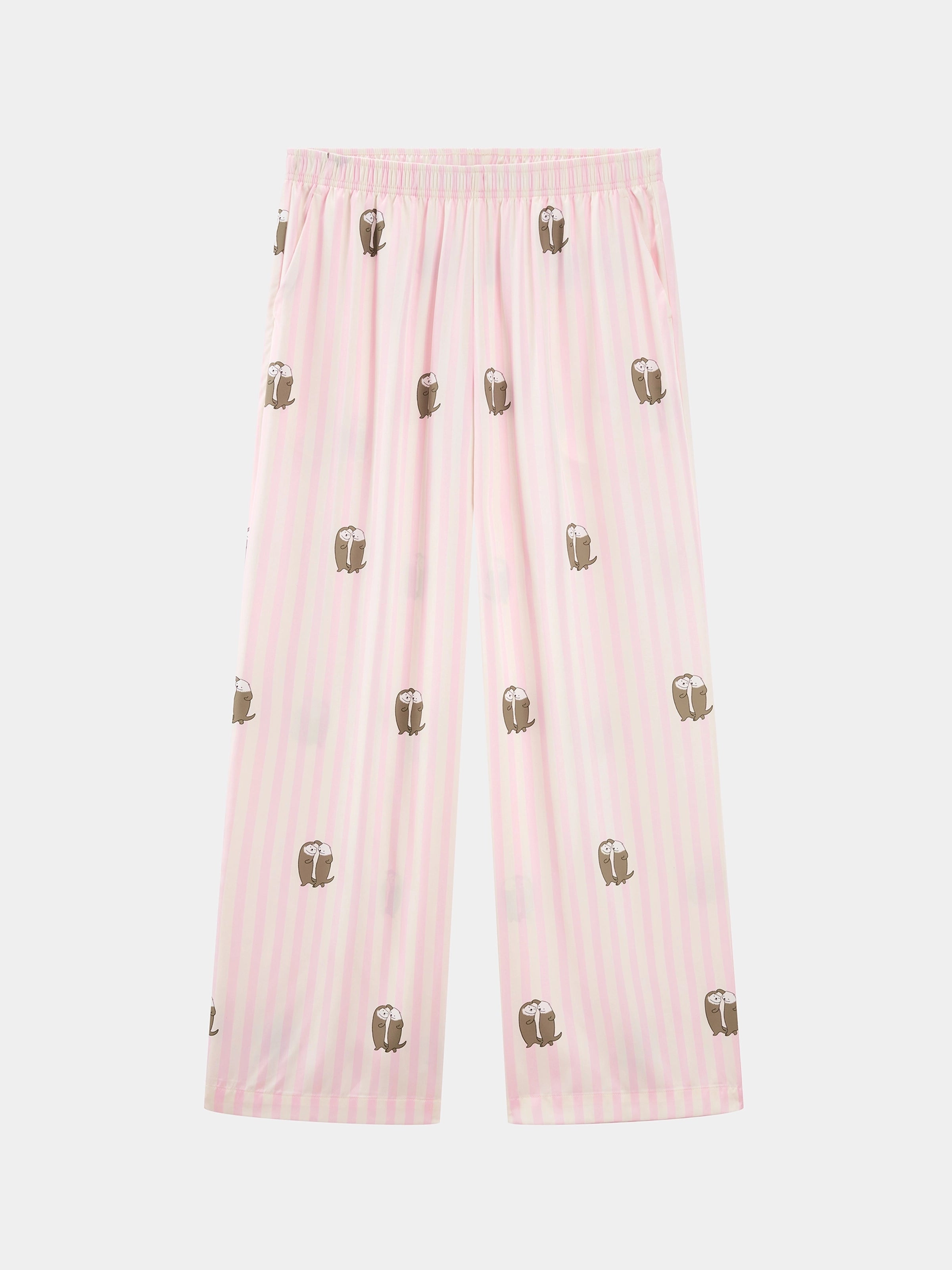 "Urban Jungle" Satin Loungewear Set Short Sleeve & Pants – Pink and White Stripes