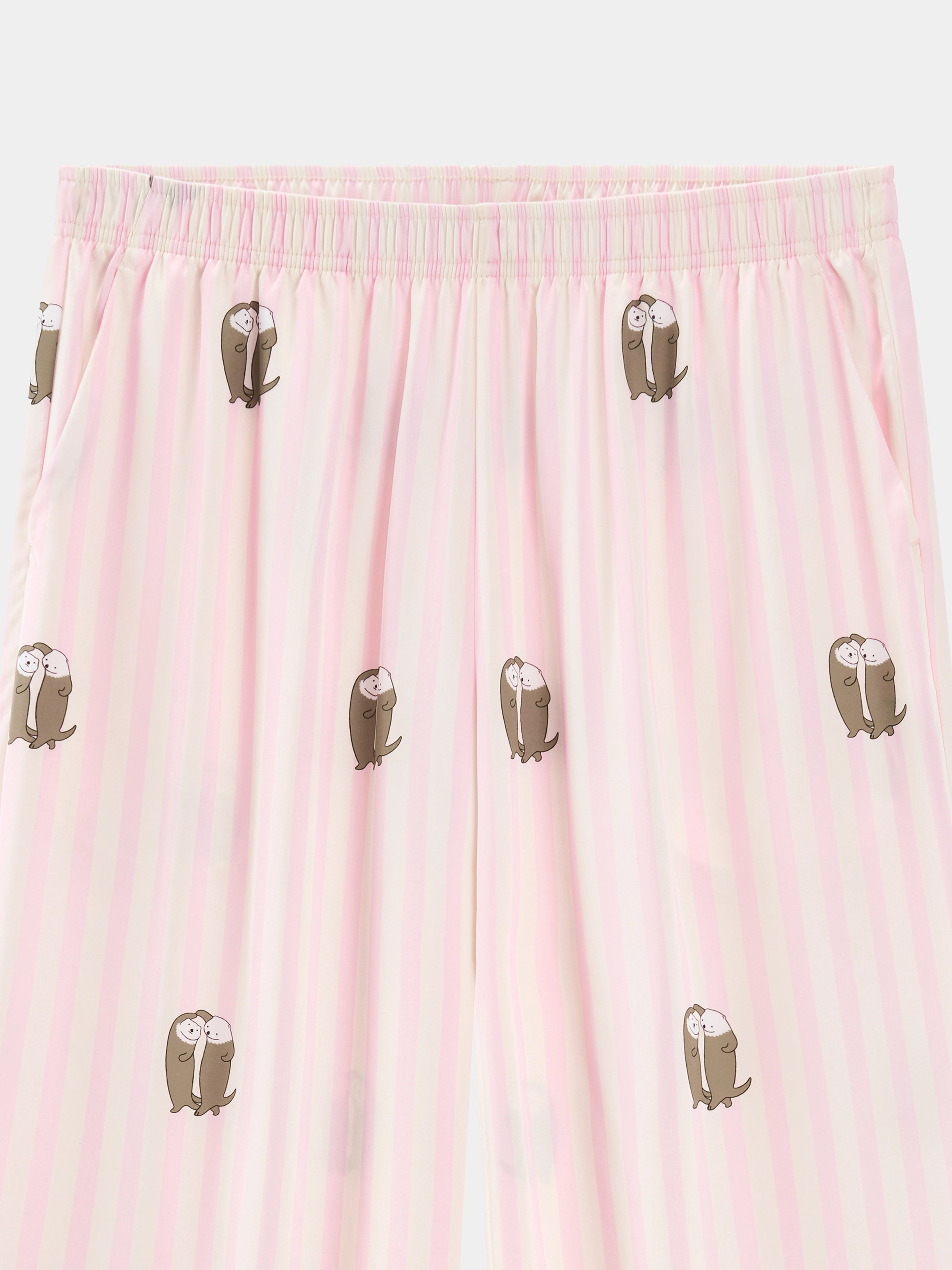 "Urban Jungle" Satin Loungewear Set Short Sleeve & Pants – Pink and White Stripes