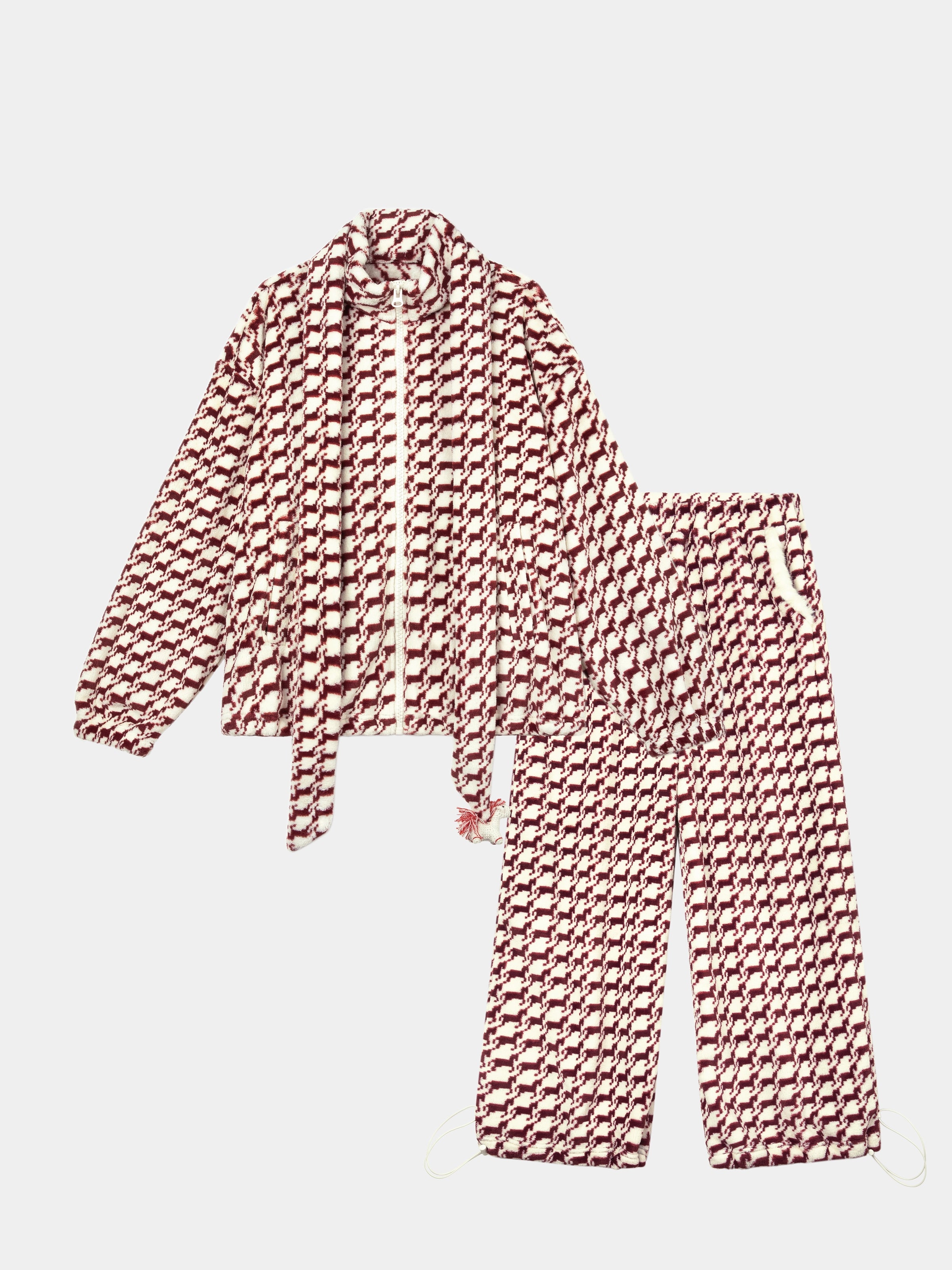 "Year of the Horse" Flannel Standing Collar Loungewear Set – Houndstooth Red