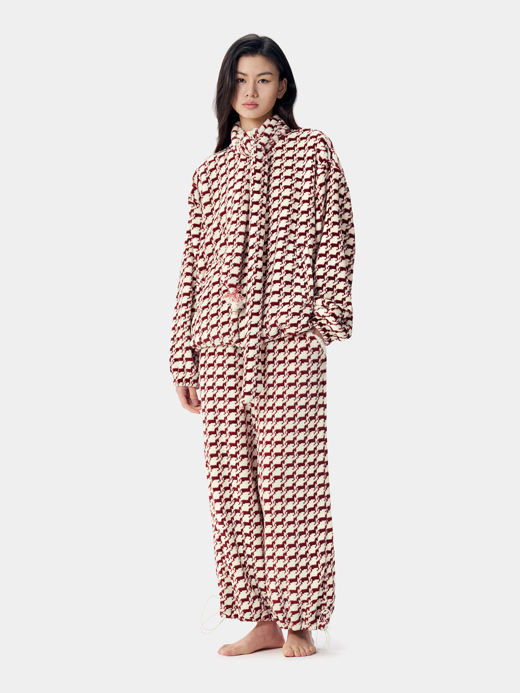 "Year of the Horse" Flannel Standing Collar Loungewear Set – Houndstooth Red