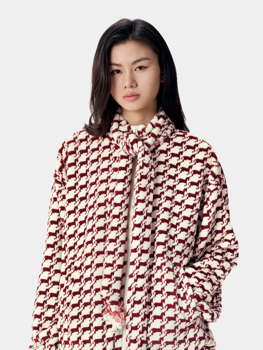 "Year of the Horse" Flannel Standing Collar Loungewear Set – Houndstooth Red