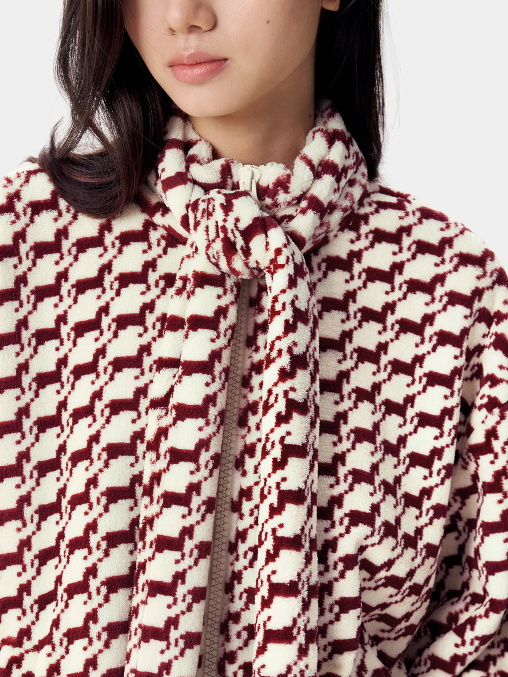 "Year of the Horse" Flannel Standing Collar Loungewear Set – Houndstooth Red