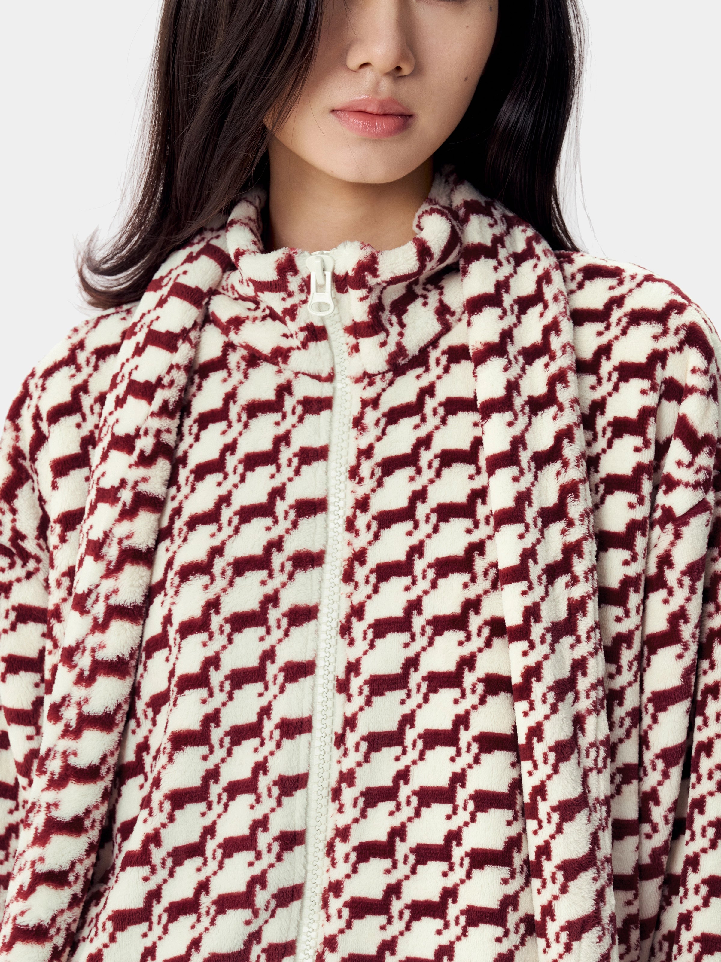 "Year of the Horse" Flannel Standing Collar Loungewear Set – Houndstooth Red