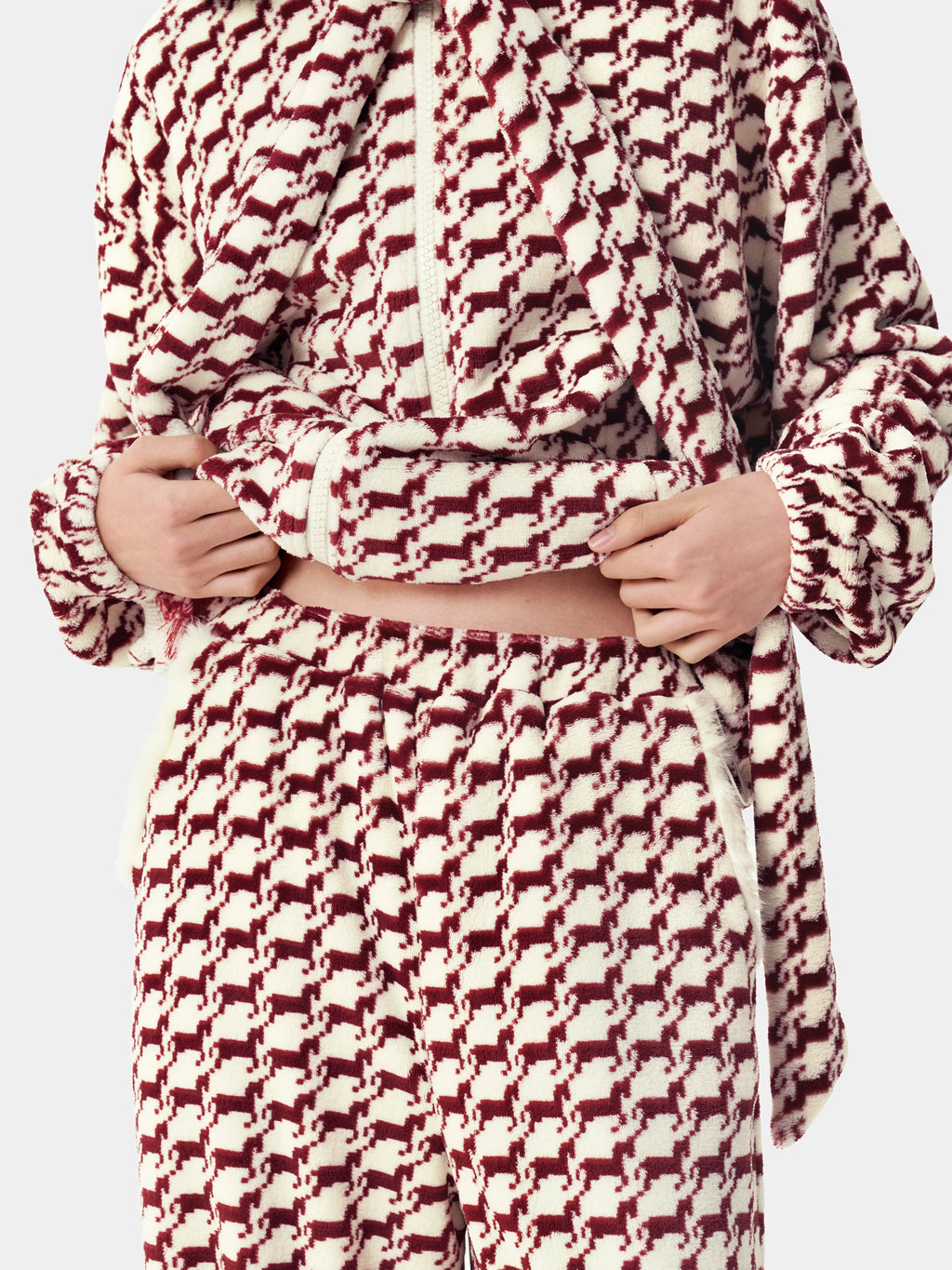 "Year of the Horse" Flannel Standing Collar Loungewear Set – Houndstooth Red