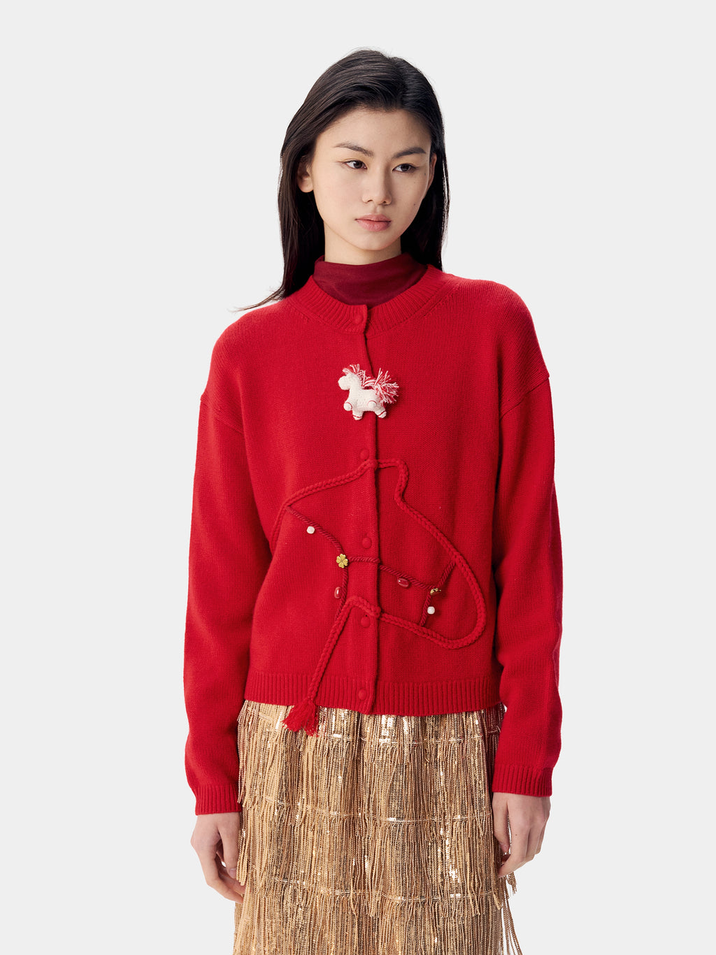 "Year of the Horse" Wool Cashmere Blend Cardigan – Fortune Red