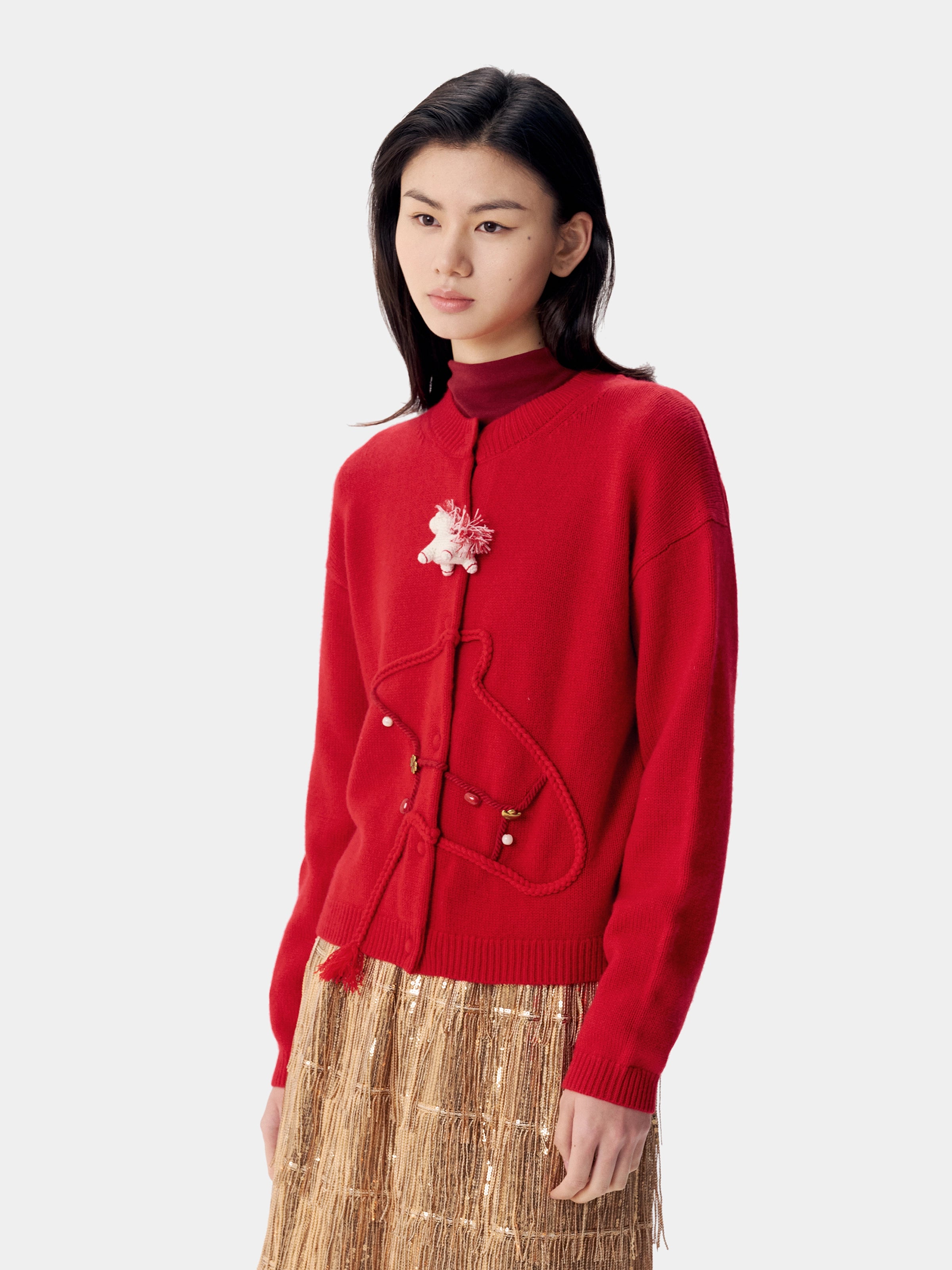 "Year of the Horse" Wool Cashmere Blend Cardigan-Fortune Red